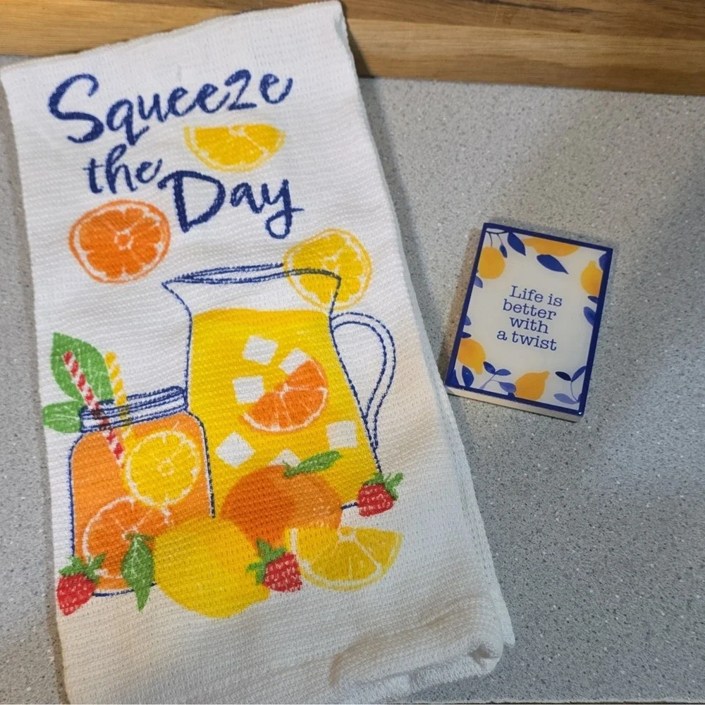 Lemon Theme Self Care Gift Basket w/ Candy, Candle, Scrub & Dish Towel